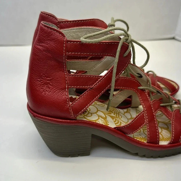 Fly London Lace Up Leather High Heel Open Toe Shoes Sandals Red Size 37 6.5 - 7 - Picture 3 of 13